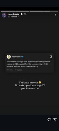 Naomi Osaka's Instagram story featuring her Threads post about writing a new book (@NaomiOsaka)